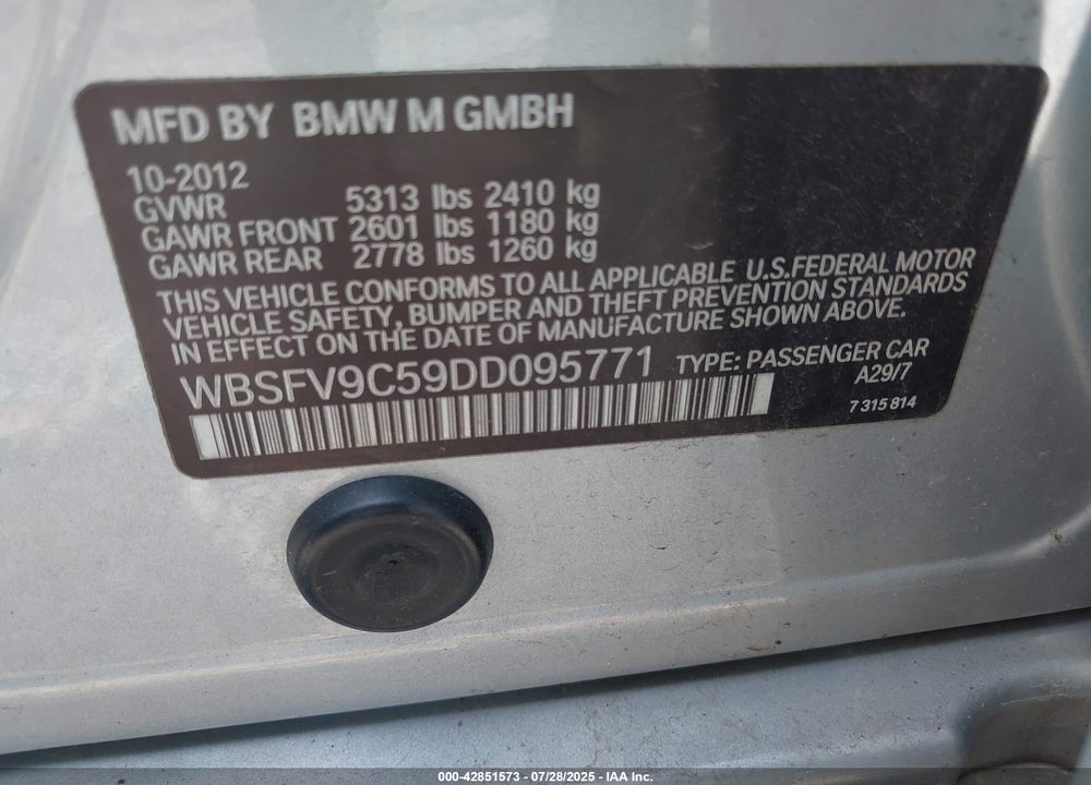2013 BMW M5 VIN: WBSFV9C59DD095771