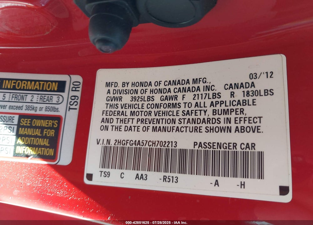 2012 HONDA CIVIC VIN: 2HGFG4A57CH702213
