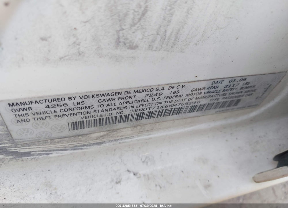 2006 VOLKSWAGEN JETTA VIN: 3VWDT71K66M755240