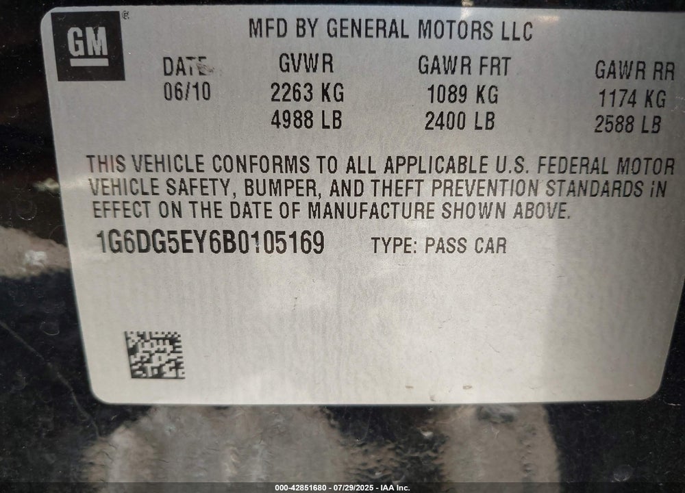 2011 CADILLAC CTS VIN: 1G6DG5EY6B0105169