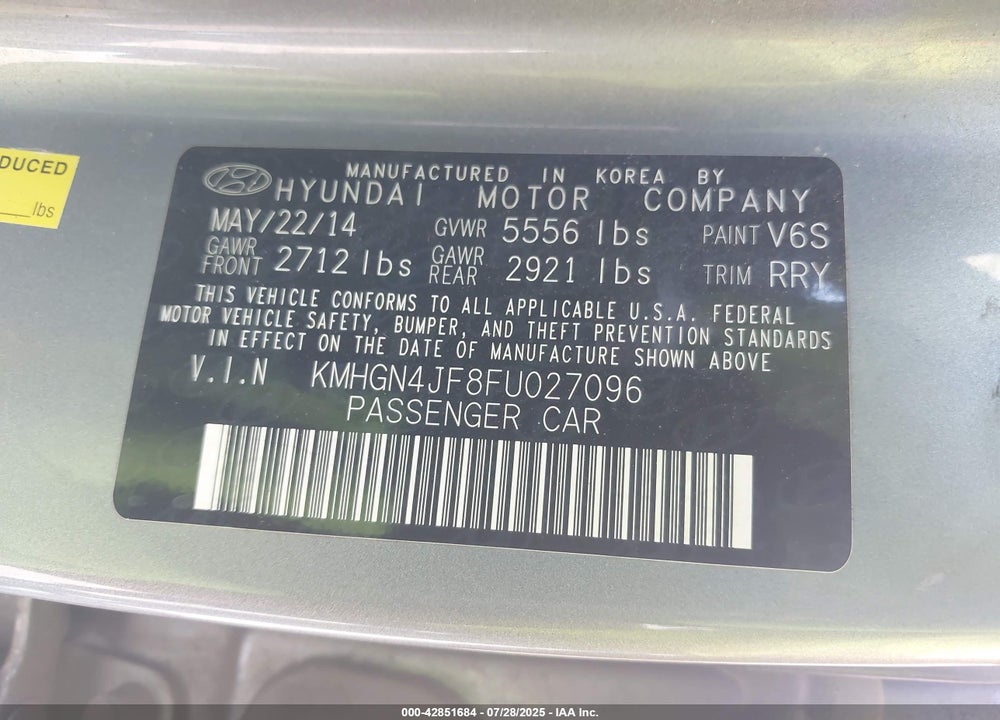 2015 HYUNDAI GENESIS VIN: KMHGN4JF8FU027096