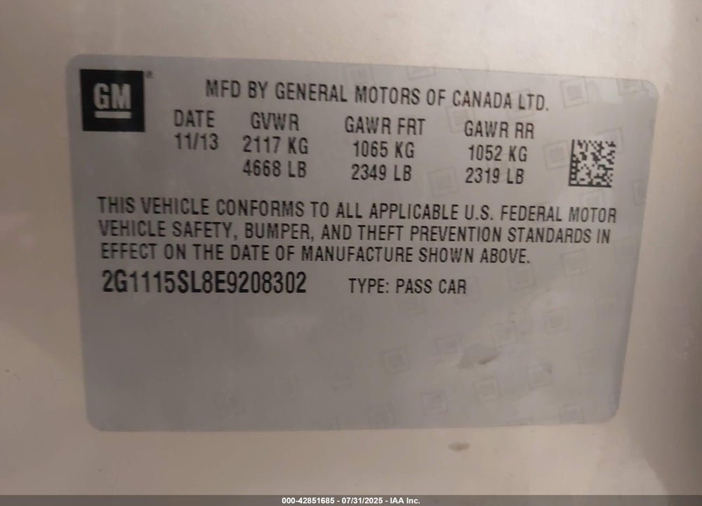 2014 CHEVROLET IMPALA VIN: 2G1115SL8E9208302