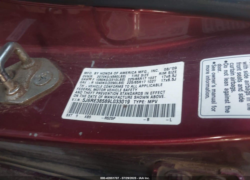 2009 HONDA CR-V VIN: 5J6RE38589L033019