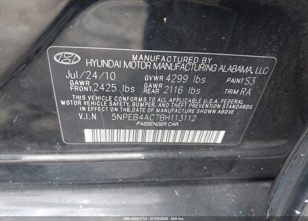 2011 HYUNDAI SONATA VIN: 5NPEB4AC7BH113112