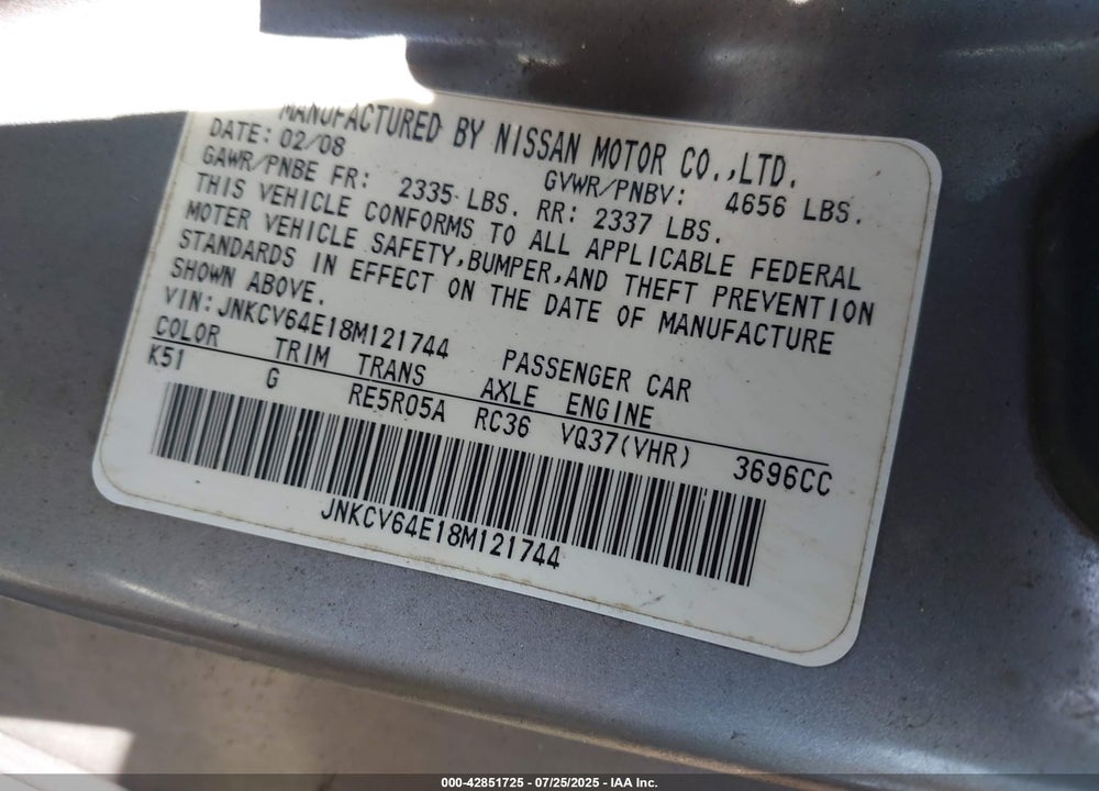 2008 INFINITI G37 VIN: JNKCV64E18M121744