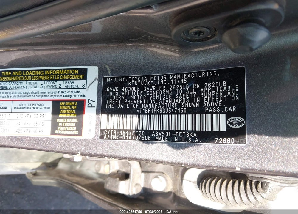 2016 TOYOTA CAMRY SE VIN: 4T1BF1FK6GU547150