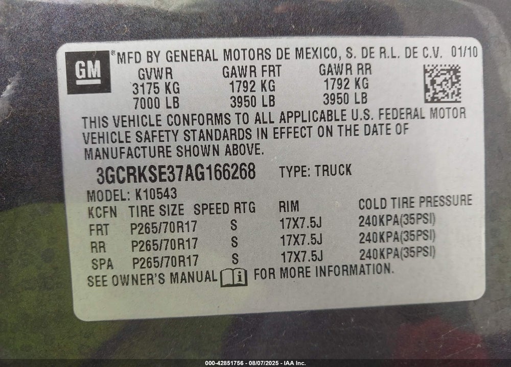 2010 CHEVROLET SILVERADO 1500 VIN: 3GCRKSE37AG166268