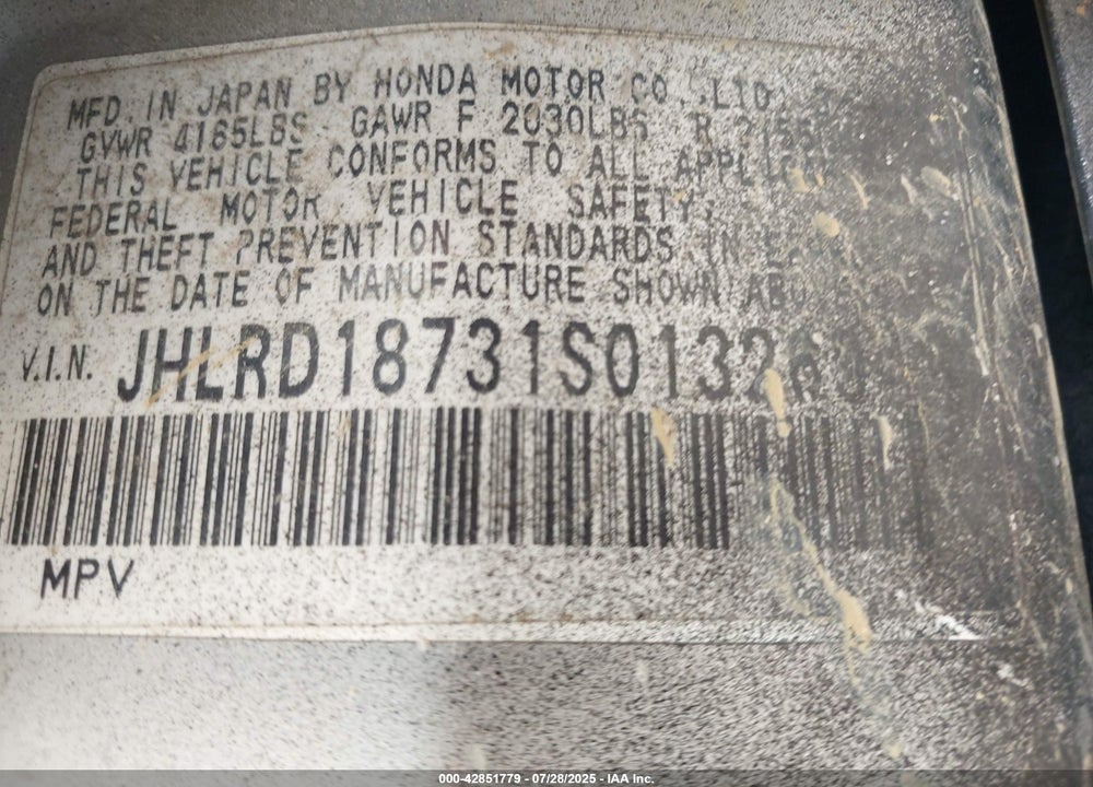 2001 HONDA CR-V VIN: JHLRD18731S013269