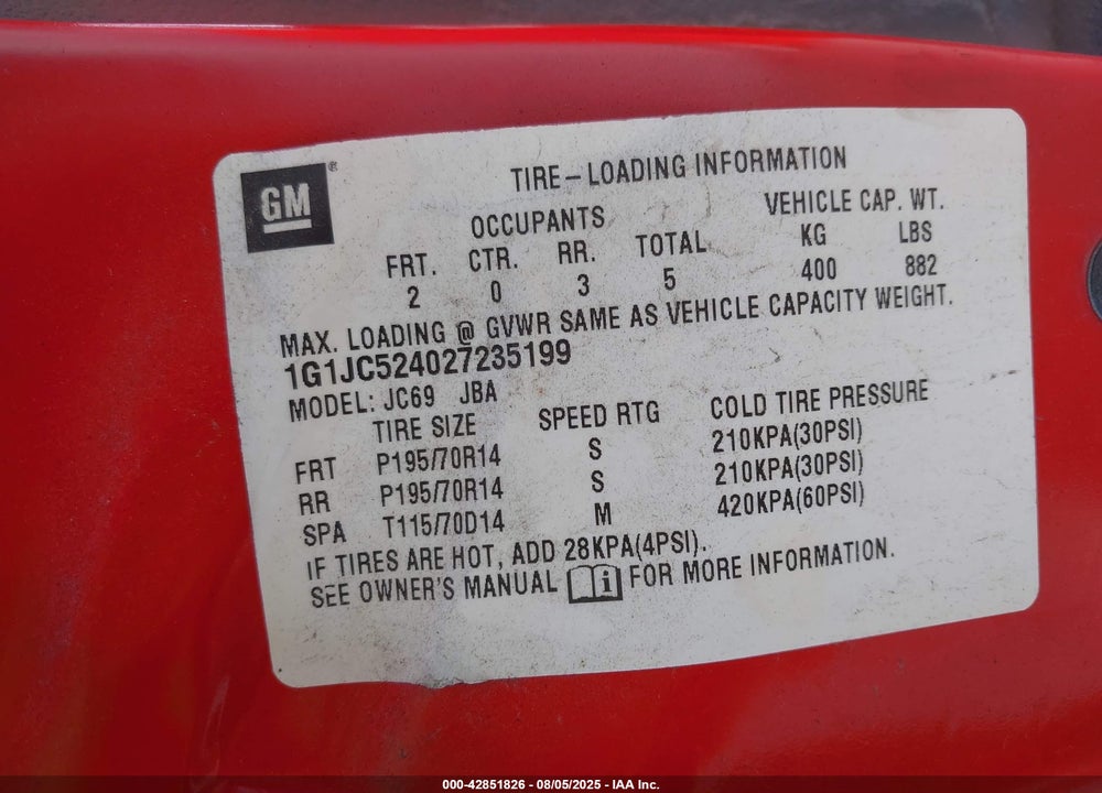 2002 CHEVROLET CAVALIER VIN: 1G1JC524027235199
