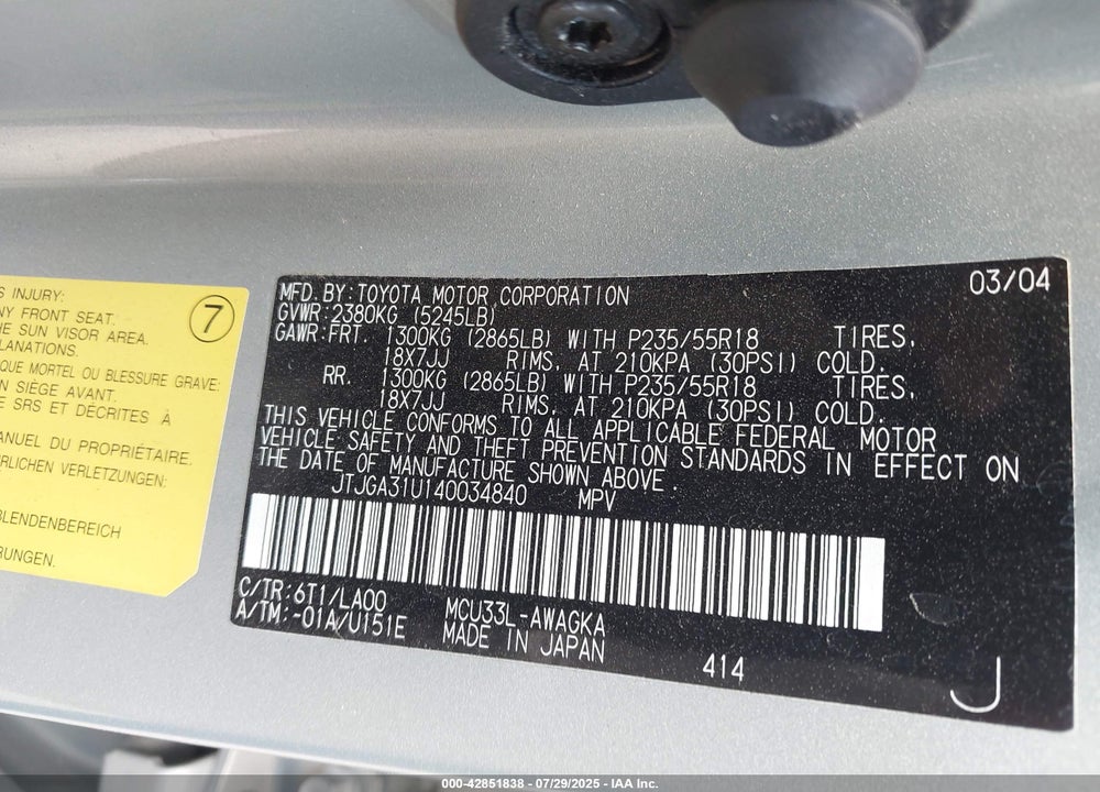 2004 LEXUS RX 330 VIN: JTJGA31U140034840