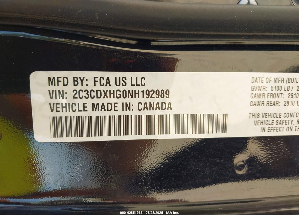 2022 DODGE CHARGER VIN: 2C3CDXHG0NH192989