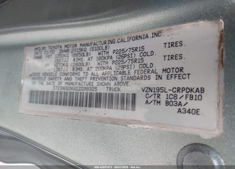2002 TOYOTA TACOMA PRERUNNER V6 VIN: 5TESN92N92Z039325
