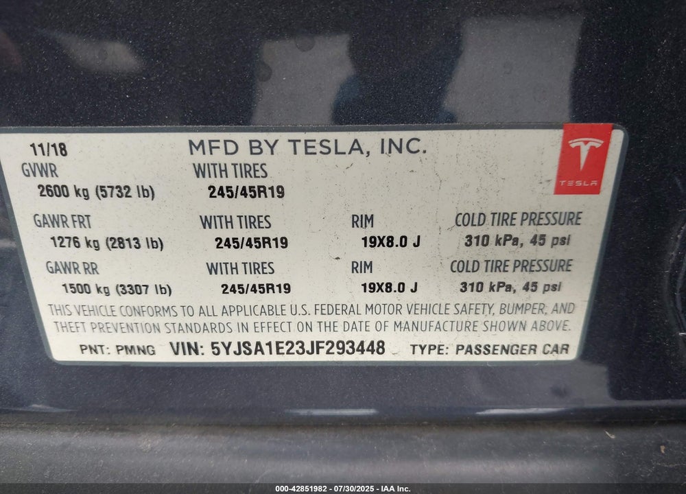 2018 TESLA MODEL S VIN: 5YJSA1E23JF293448