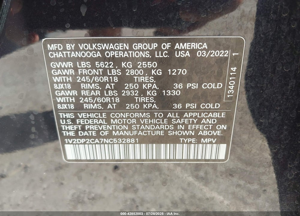 2022 VOLKSWAGEN ATLAS VIN: 1V2DP2CA7NC532881