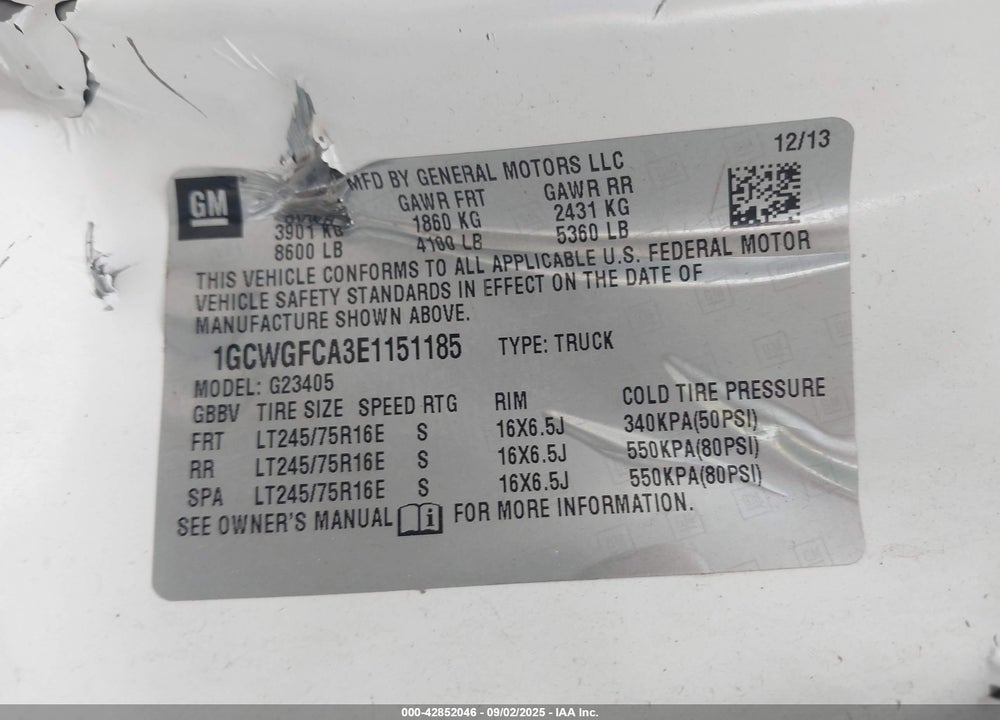 2014 CHEVROLET EXPRESS 2500 VIN: 1GCWGFCA3E1151185