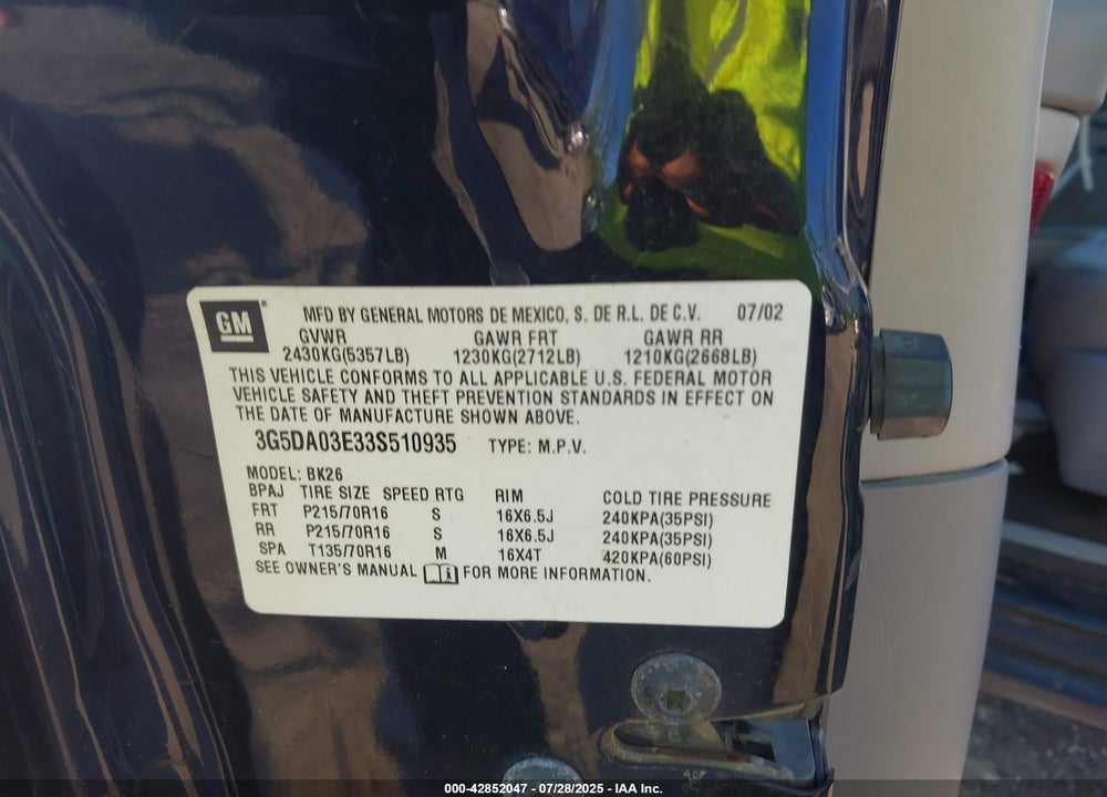 2003 BUICK RENDEZVOUS VIN: 3G5DA03E33S510935