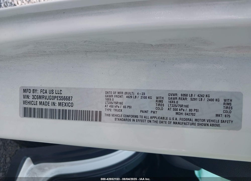 2023 RAM PROMASTER 3500 CARGO VAN HIGH ROOF 159 WB EXT VIN: 3C6MRVJG0PE556687
