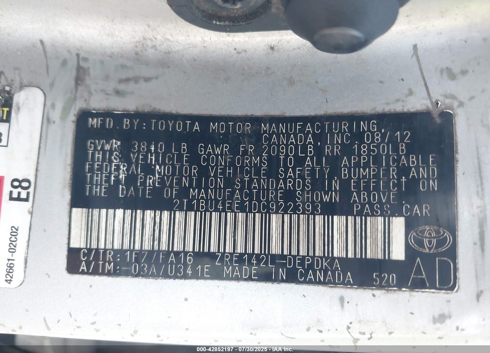 2013 TOYOTA COROLLA L VIN: 2T1BU4EE1DC922393