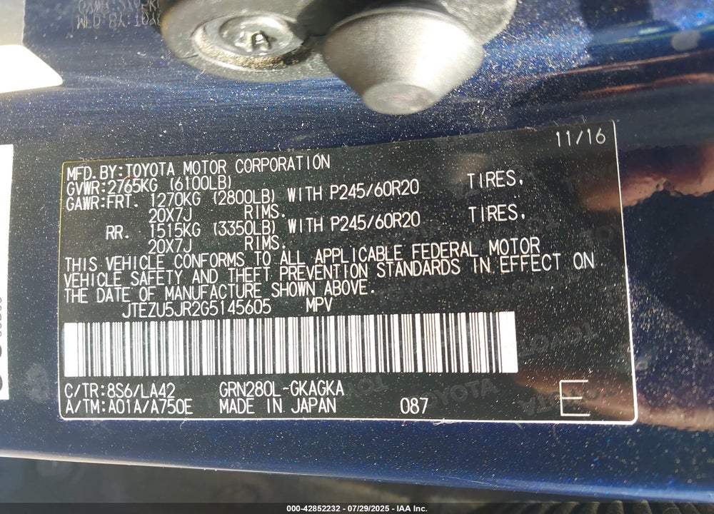 2016 TOYOTA 4RUNNER VIN: JTEZU5JR2G5145605