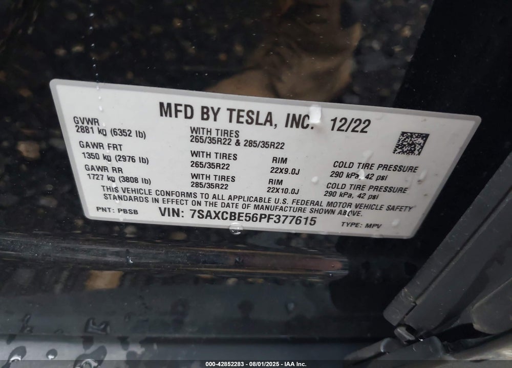 2023 TESLA MODEL X VIN: 7SAXCBE56PF377615