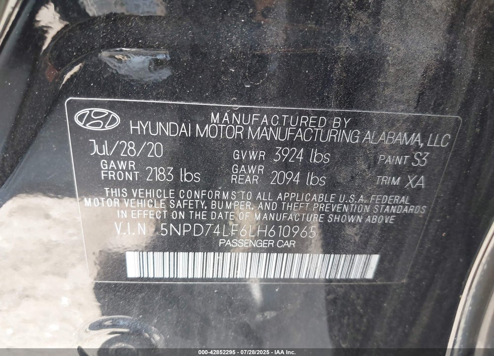 2020 HYUNDAI ELANTRA VIN: 5NPD74LF6LH610965