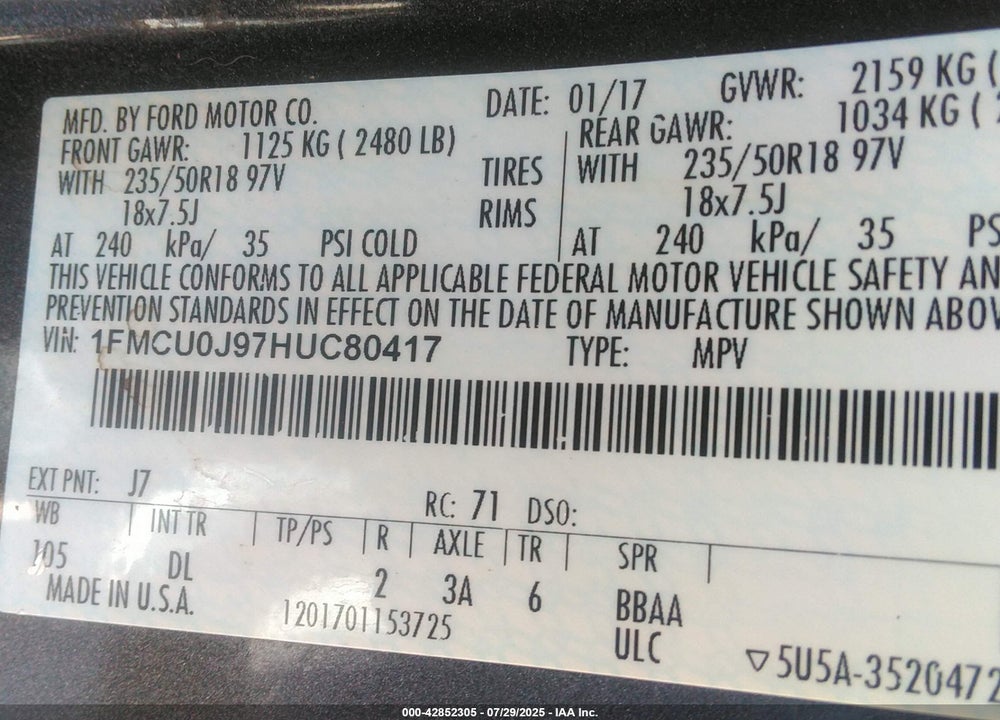2017 FORD ESCAPE VIN: 1FMCU0J97HUC80417