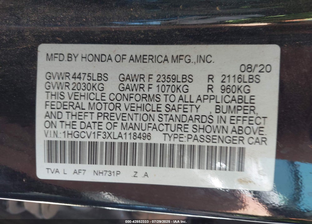 2020 HONDA ACCORD VIN: 1HGCV1F3XLA118496