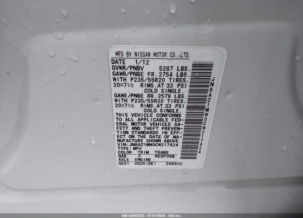 2012 NISSAN MURANO VIN: JN8AZ1MW0CW217424