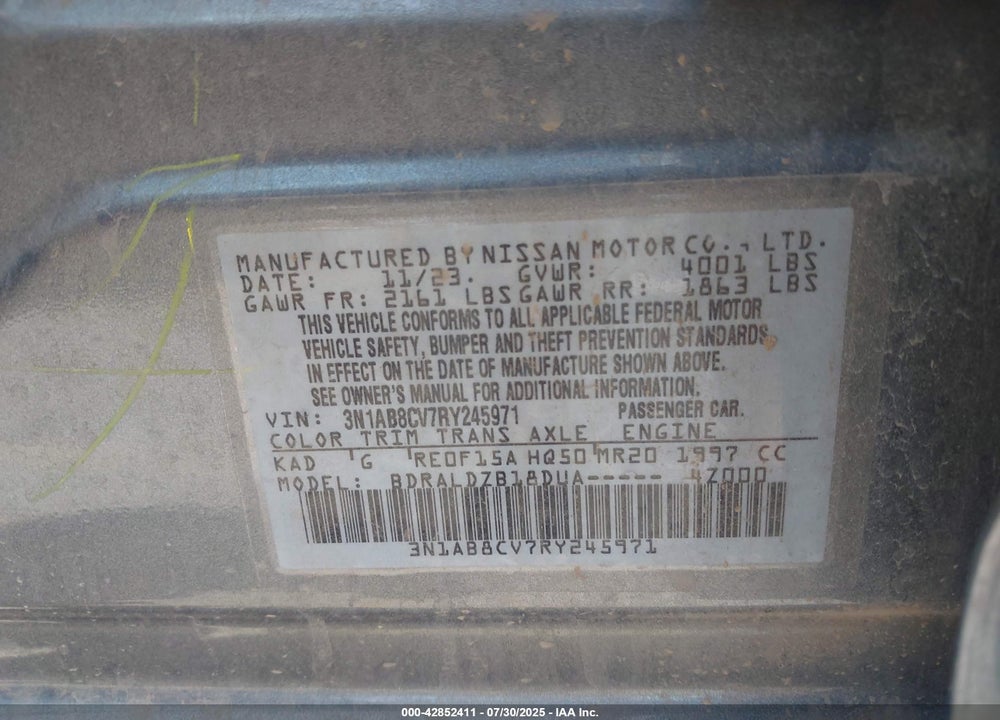 2024 NISSAN SENTRA VIN: 3N1AB8CV7RY245971