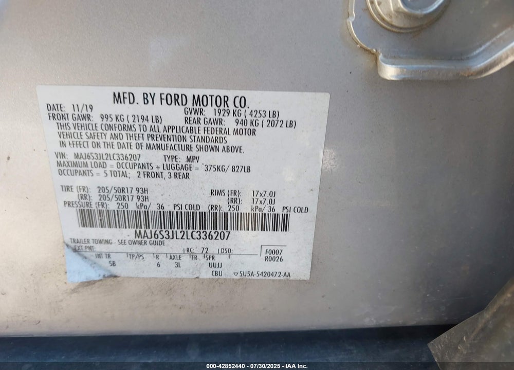 2020 FORD ECOSPORT VIN: MAJ6S3JL2LC336207