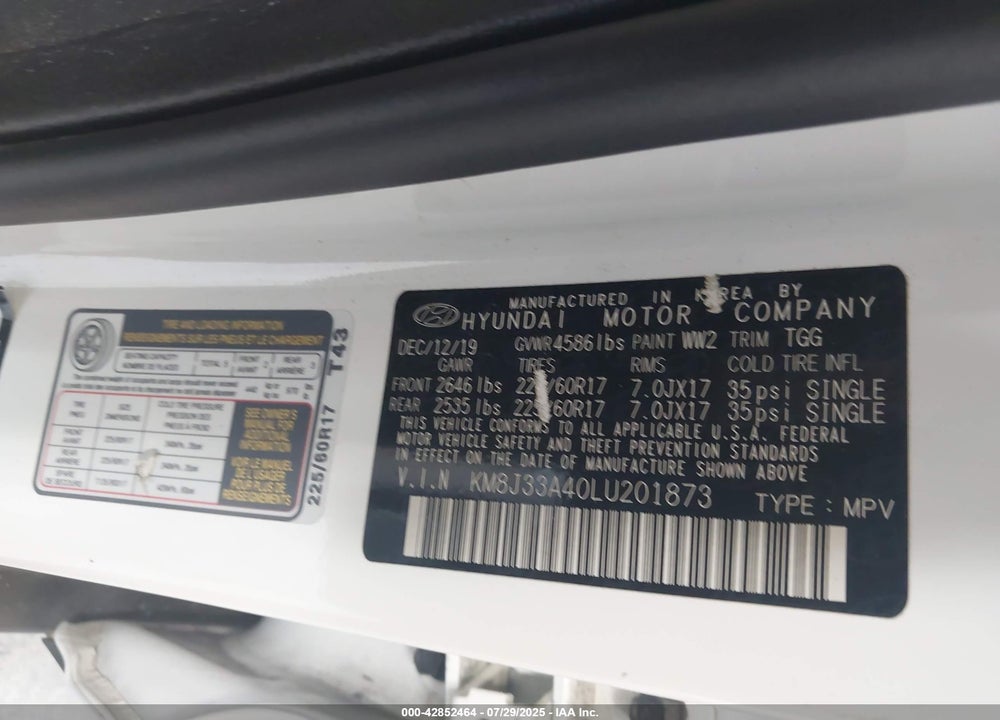 2020 HYUNDAI TUCSON VIN: KM8J33A40LU201873