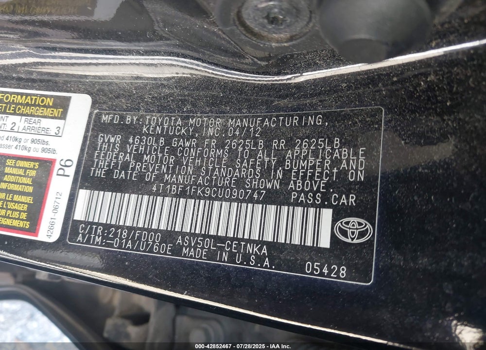 2012 TOYOTA CAMRY LE VIN: 4T1BF1FK9CU090747