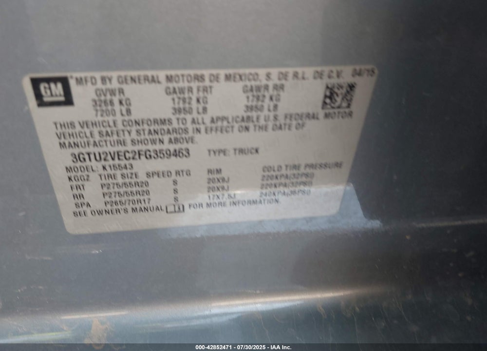 2015 GMC SIERRA 1500 SLT VIN: 3GTU2VEC2FG359463