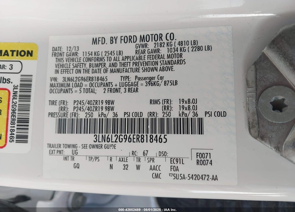 2014 LINCOLN MKZ VIN: 3LN6L2G96ER818465