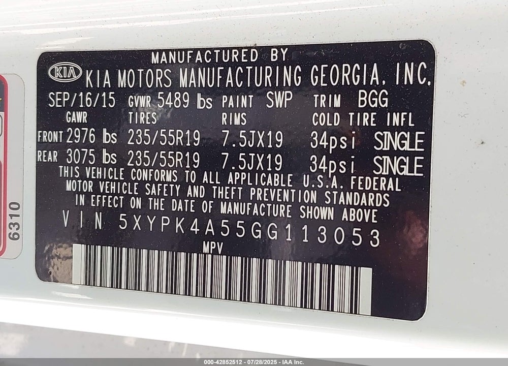 2016 KIA SORENTO VIN: 5XYPK4A55GG113053