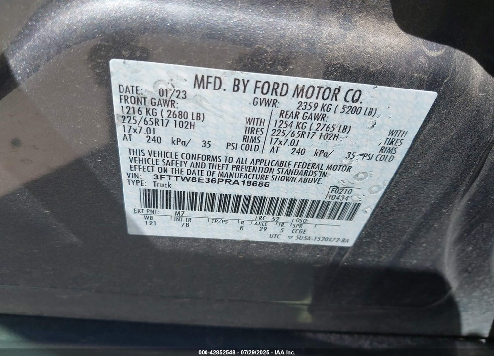 2023 FORD MAVERICK XLT VIN: 3FTTW8E36PRA18686