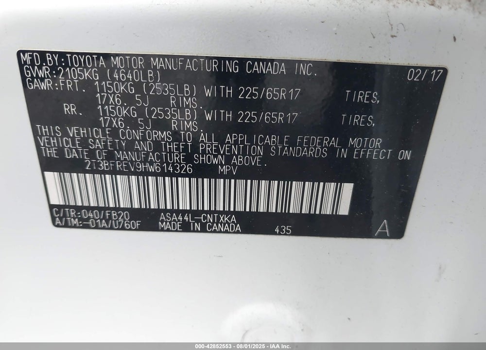 2017 TOYOTA RAV4 VIN: 2T3BFREV9HW614326