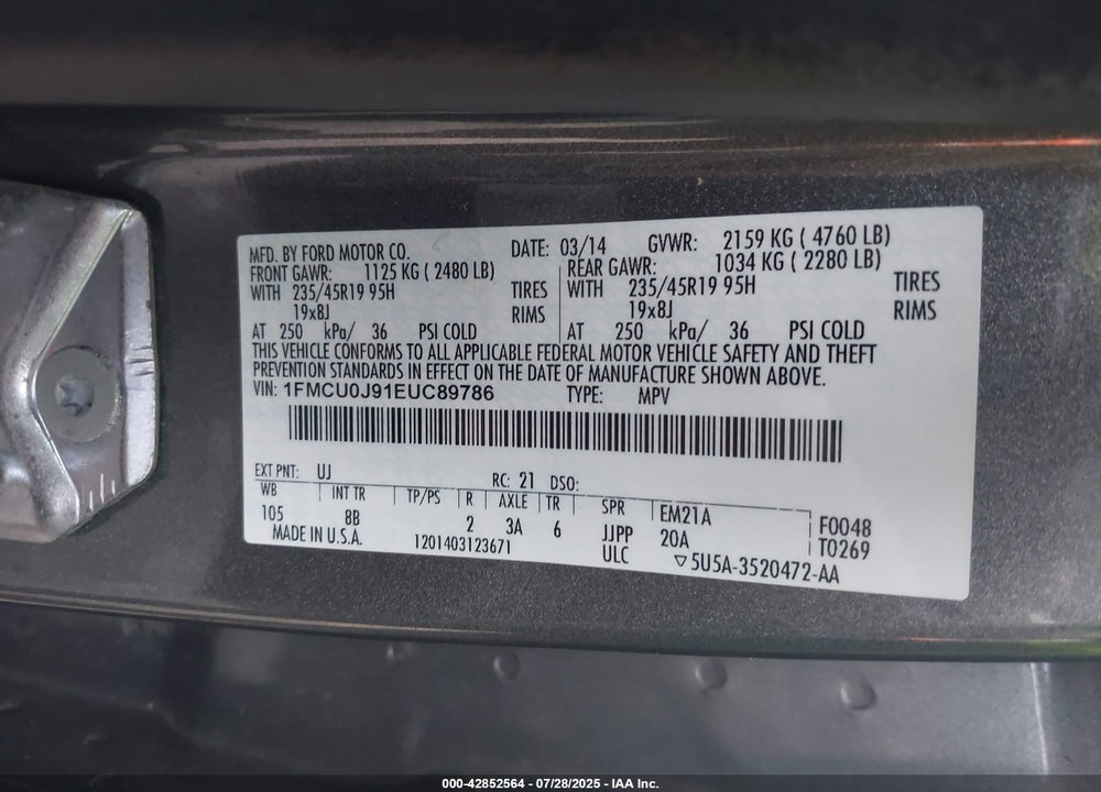 2014 FORD ESCAPE VIN: 1FMCU0J91EUC89786
