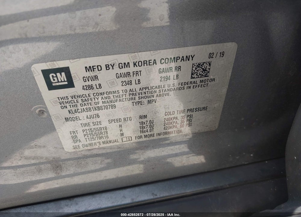 2019 BUICK ENCORE VIN: KL4CJASB1KB870789