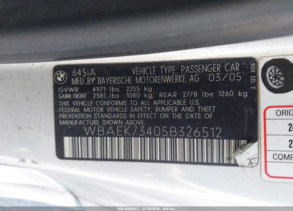 2005 BMW 645CI VIN: WBAEK73405B326512