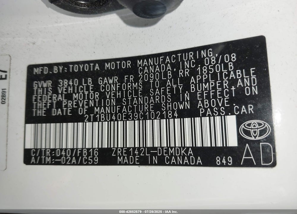 2009 TOYOTA COROLLA VIN: 2T1BU40E39C102184