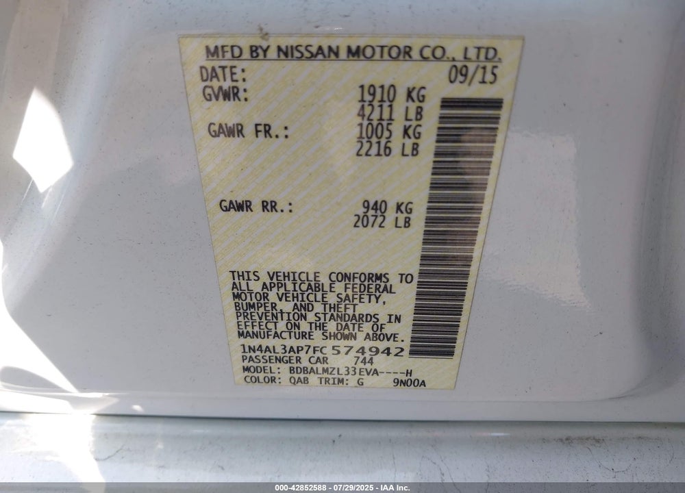 2015 NISSAN ALTIMA VIN: 1N4AL3AP7FC574942