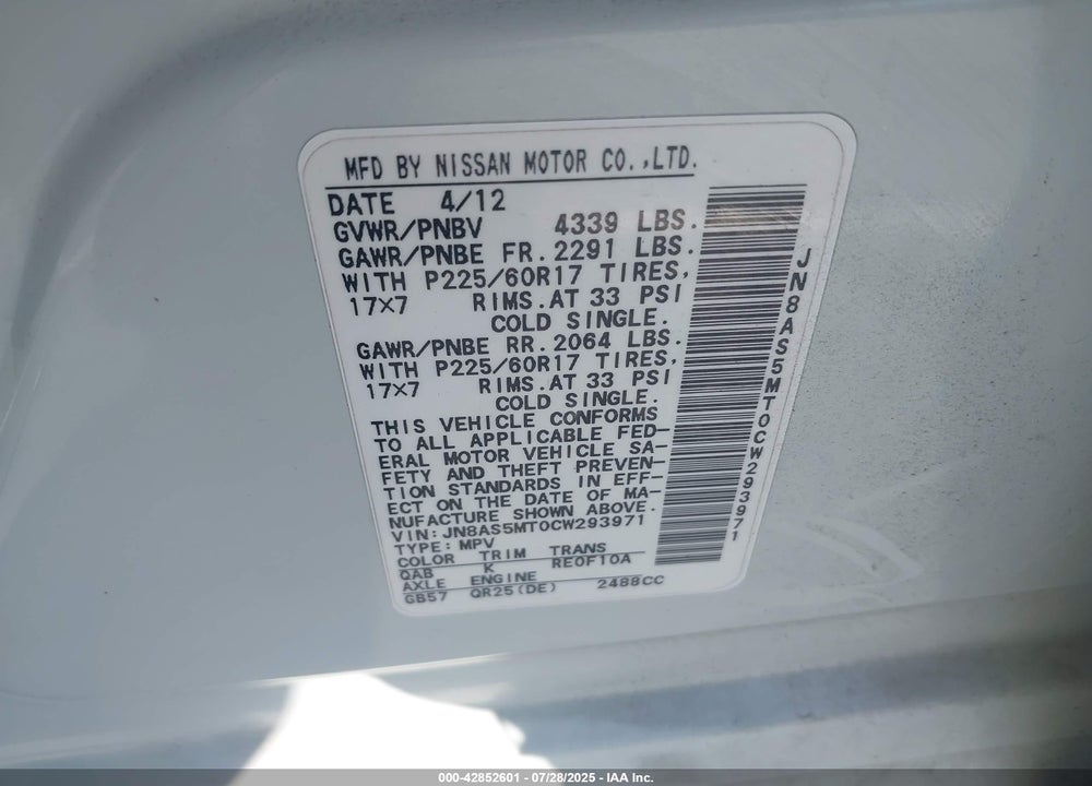 2012 NISSAN ROGUE VIN: JN8AS5MT0CW293971