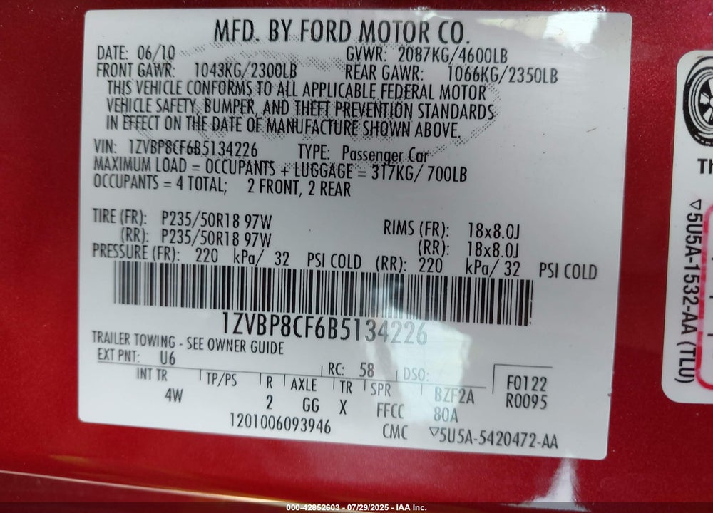 2011 FORD MUSTANG VIN: 1ZVBP8CF6B5134226
