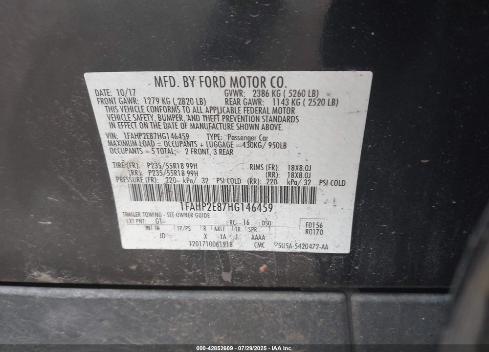 2017 FORD TAURUS VIN: 1FAHP2E87HG146459