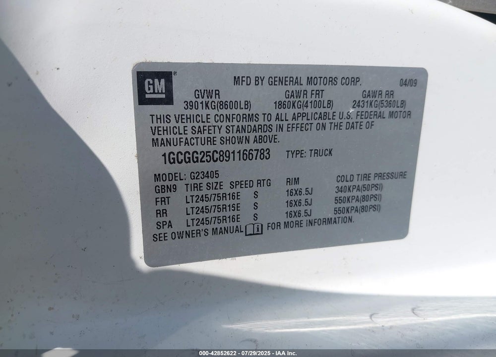 2009 CHEVROLET EXPRESS 2500 WORK VAN VIN: 1GCGG25C891166783