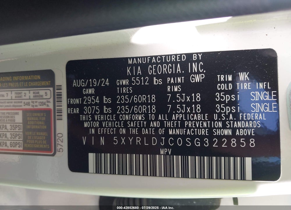 2025 KIA SORENTO S VIN: 5XYRLDJC0SG322858