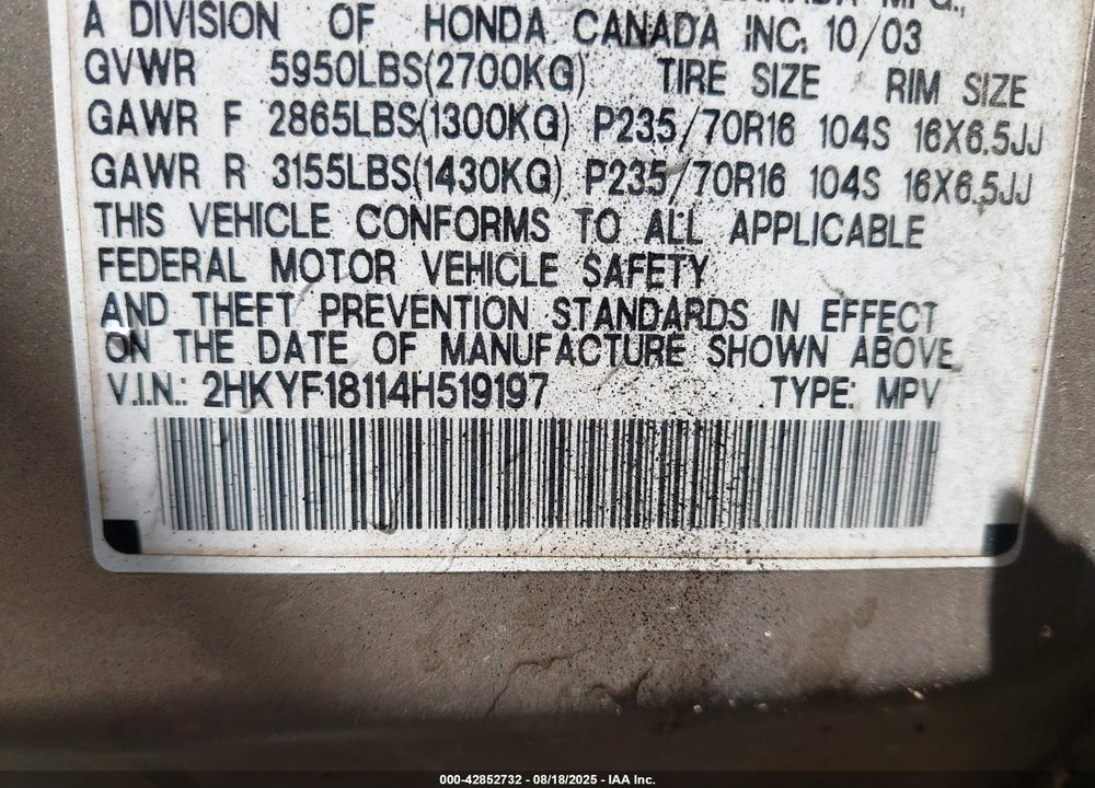 2004 HONDA PILOT LX VIN: 2HKYF18114H519197