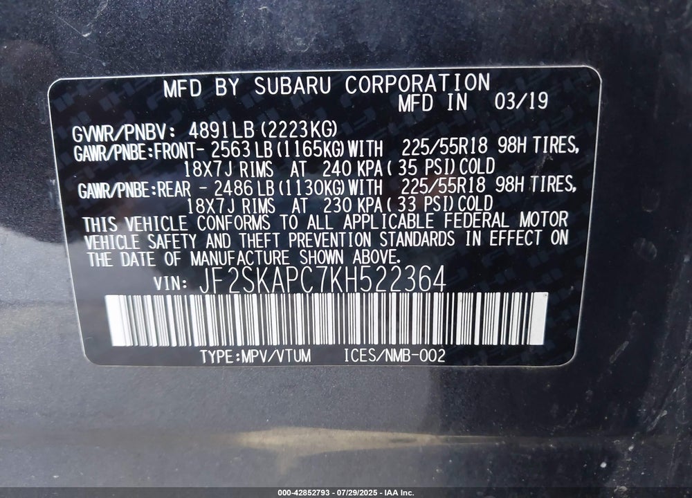 2019 SUBARU FORESTER SPORT VIN: JF2SKAPC7KH522364