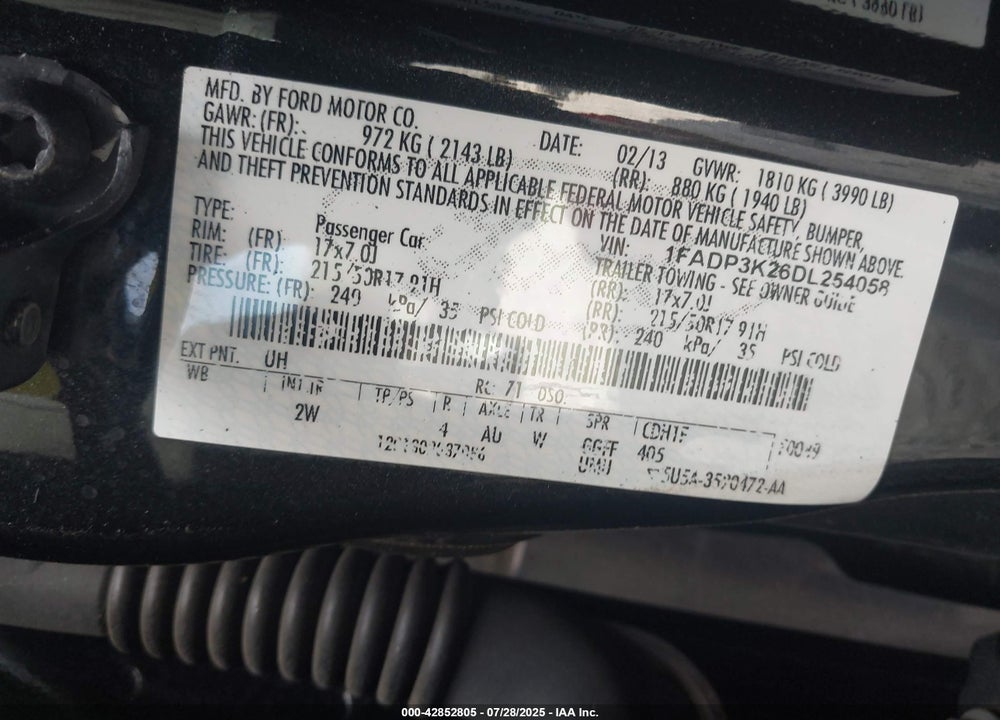 2013 FORD FOCUS VIN: 1FADP3K26DL254058